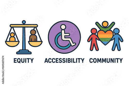 Diversity and inclusion symbols representing equity, accessibility, and community. Colorful icons for social justice, equality, and belonging concepts vector illustration set.