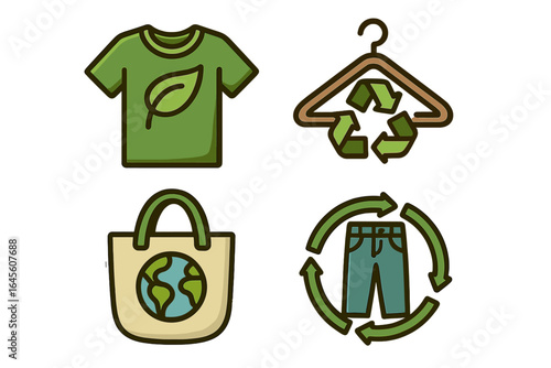 Eco friendly clothing icon set for sustainable fashion. Vector illustration of a recycling symbol, organic t-shirt, reusable bag. Conscious consumerism & slow fashion concept.