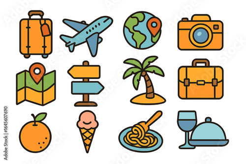Colorful travel and food icon set for journeys and culinary experiences. Vector cartoon illustration with suitcase, plane, globe, map, pasta, wine, and camera icons.