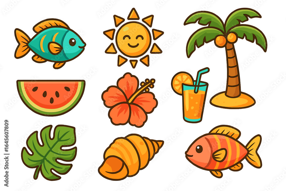 Naklejka premium Set of cute cartoon summer beach icons. Tropical vacation elements like fish, sun, palm tree, watermelon, hibiscus, shell, monstera leaf, and juice. Vector illustration.