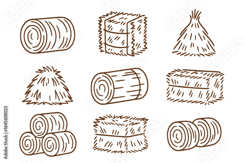 Hay bale and straw stack icon set. Variety of hay bales, rolls, and stacks illustrated in a simple line art doodle style. Vector for agriculture and farming concepts.