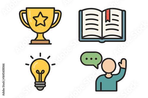 Education and e-learning icon set. Achievement trophy, knowledge book, idea lightbulb, student participation. School success concept. Vector outline cartoon illustration.