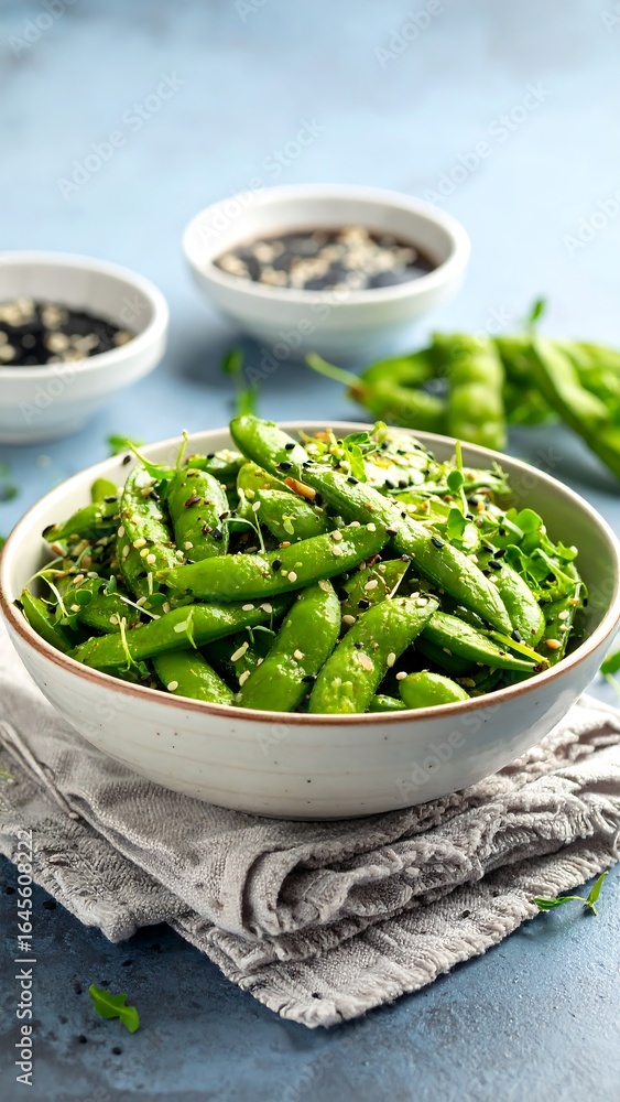 Bowl of vibrant green snap peas with sesame seeds Bowl of vibrant green snap peas with sesame seeds