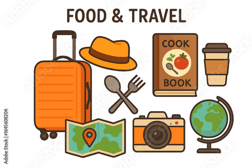 Food and travel icon set. Culinary journey concept for tourism and vacation. Luggage, map, camera, cookbook, globe, hat, coffee flat vector illustration for foodies.