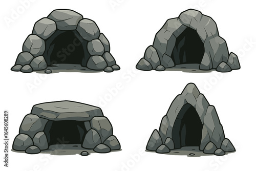 Various cave entrance designs. Rock and stone cavern collection. Vector illustration set for creative projects. Cartoon game assets. Mountain grotto elements. Dark dungeon.