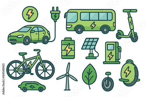 Electric vehicle and green energy icon set. Eco friendly transport, car, bus, scooter, bike. Sustainable mobility, renewable solar and wind power. Charging station vector.