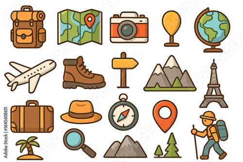 Travel icon set, tourism and vacation symbols. Adventure, exploration, journey concept. Hiking, camping gear. Backpack, map, compass, airplane, mountain vector elements.