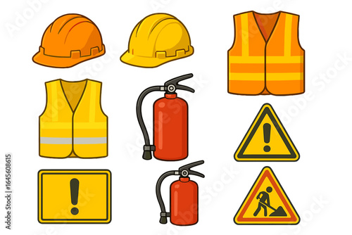 Safety equipment vector icon set. Personal protective equipment for construction work. Hard hat, safety vest, fire extinguisher, and warning signs. Cartoon illustration.