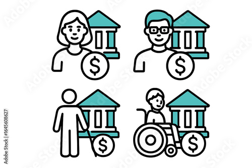Financial accessibility icons for inclusive banking services. Diversity, equality for all genders, abilities. Finance concept with disabled, blind, wheelchair user icons.