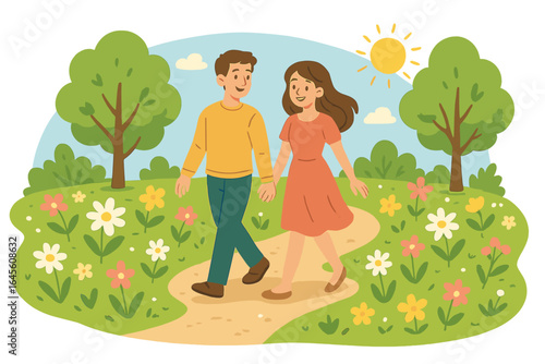 Happy young couple holding hands, walking in a beautiful spring park. Man and woman on a romantic date outdoors. Summer nature landscape with flowers and sun. Vector cartoon.