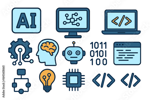 Artificial intelligence icon collection. AI, machine learning, data science, coding, and programming symbols. Robot, brain, algorithm, and automation vector signs.