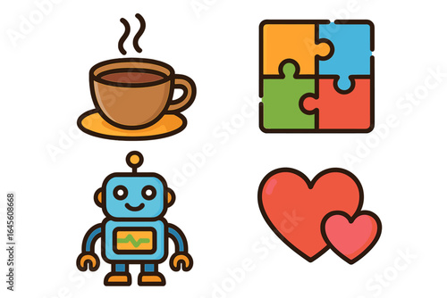 Set of colorful flat design icons. Coffee cup, jigsaw puzzle, cute robot, and love hearts. Vector illustration collection for web, mobile app, and daily life concepts.