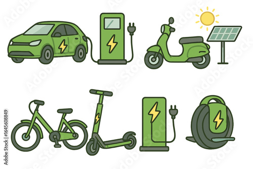 Electric transport icon set. Green mobility collection with car, scooter, bike, and unicycle. Eco-friendly urban vehicles, charging stations, and solar panel energy. Vector