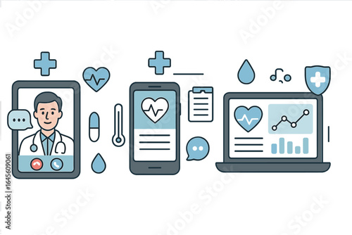 Telemedicine concept with online doctor consultation. Digital health technology with medical app on smartphone and data analysis on laptop. Healthcare vector illustration.