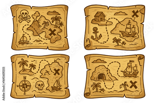 Vintage Treasure Maps with Pirate Themes, Hidden Locations, Ships, Islands, Caves, and Routes on Aged Parchment Paper, Vector Cartoon Illustration for Adventure and Nautical Designs