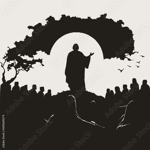 Silhouette of a figure speaking to a crowd under a moon.