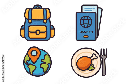 Travel essentials icon set for adventure, tourism, and vacation. Vector illustration of a backpack, passport, globe with map pin, and food for culinary exploration.