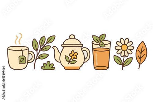 Herbal tea vector icon set. Cute cartoon collection for cozy tea time. Teapot, cup, glass with hot beverage, chamomile flower, mint and leaves. Isolated illustration.
