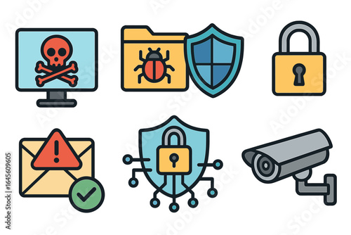 Cybersecurity icon set. Digital internet security symbols. Computer virus, malware, hacking threat. Data protection, privacy shield, lock. Phishing email alert, surveillance.