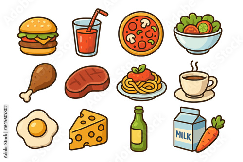 Food and drink icon set. Cute cartoon vector illustration of meal and grocery items. Burger, pizza, pasta, coffee, steak, and salad for restaurant menu design.