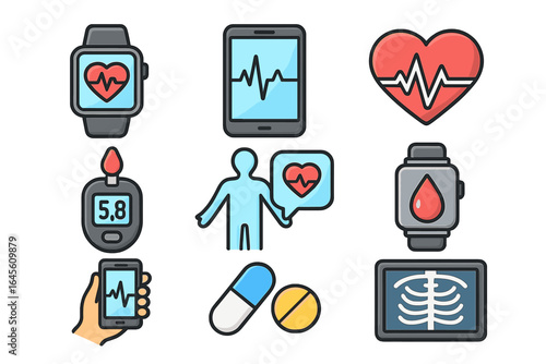 Health tech icons set. Digital medicine, cardiology, diabetes monitoring. Vector illustration of smartwatch, ECG, glucose meter, x-ray, pills for mHealth and telemedicine.