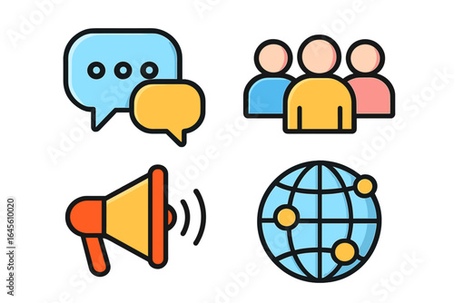 Communication icon set for business and marketing. Vector icons for community engagement, global network, social media, and teamwork. Flat design cartoon illustration.