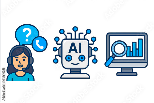 Customer support icon set with AI and data analytics. Vector concepts for helpdesk, chatbot, business intelligence, call center operator, and modern digital technology.