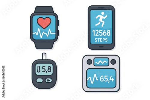 Health monitoring technology icon set. Smartwatch with heart rate, phone with step counter, glucometer, and medical monitor. Digital health, fitness tracking vector pack.