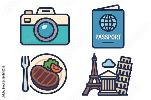 Travel icon set with vacation essentials. Tourism concepts with camera, passport, food and famous European landmarks. Vector cartoon illustration for world journey and holiday.