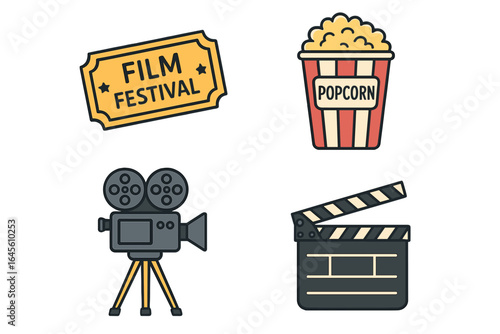 Film festival icon set with cinema ticket, popcorn, vintage movie camera, and clapperboard. Vector cartoon illustration for movie production, premiere night, and entertainment.