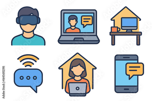 Remote work icon set. Work from home, online communication concept. Vector illustrations of freelance job, virtual reality, business meeting, video conference call and chat.