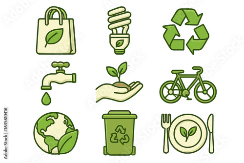 Eco friendly icons set. Green living, ecology, and sustainability symbols. Recycling, save energy, water, plant tree, ride bicycle, go vegan for planet conservation.
