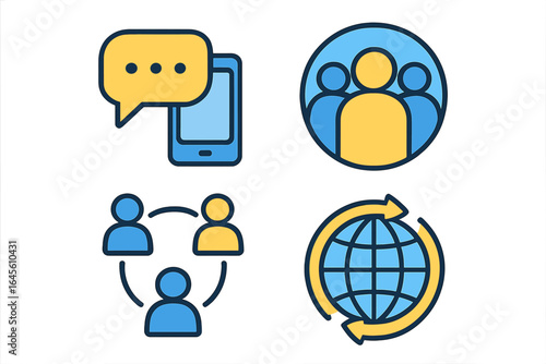 Vector icon set representing communication, community, global connections. Modern society concept with icons for teamwork, social media, messaging, and worldwide networking.