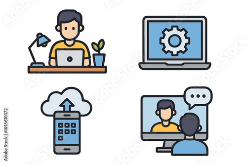 Remote work icon set. Modern business vector icons for freelance, work from home, online meeting, video conference call, cloud computing and virtual technology concept.