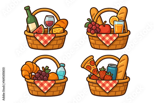 A set of four cartoon picnic basket icons with food and drinks. Vector illustration collection for summer, outdoor dining, and leisure, featuring wine, fruit, bread, and pizza.
