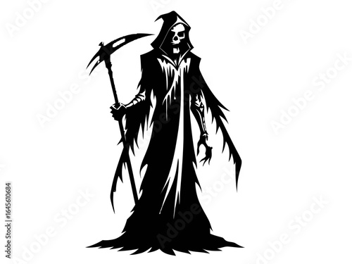 Grim reaper figure, black cloak, scythe, death.
