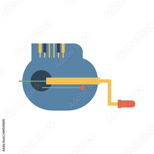 A blue gear-shaped object with a handle and a crank is shown.