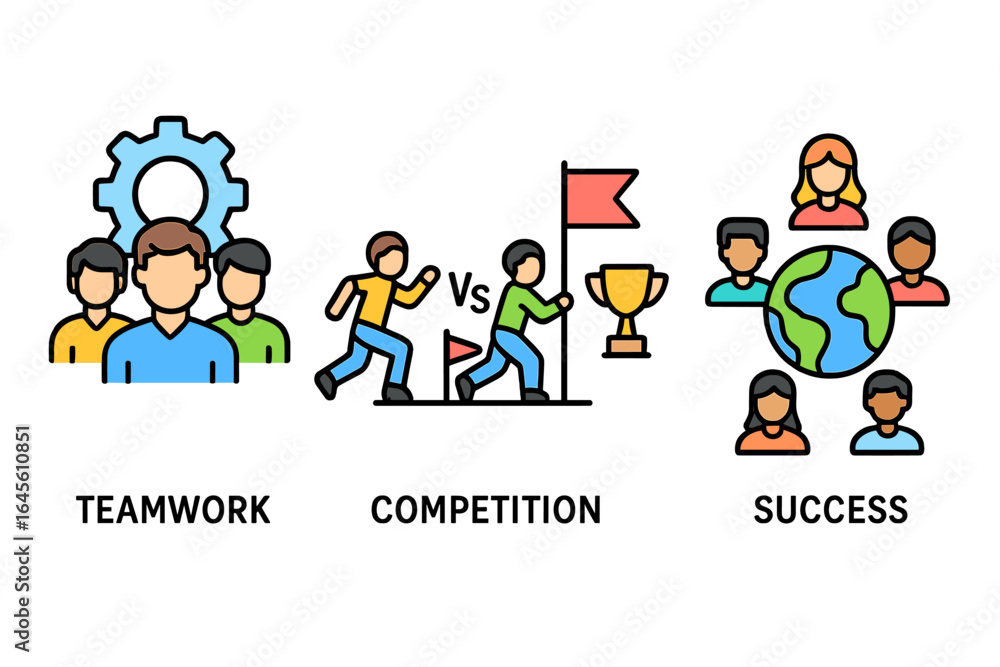 Teamwork collaboration, business competition, global success icon set. Vector concepts of partnership, race to goal, trophy award, and diverse international community.