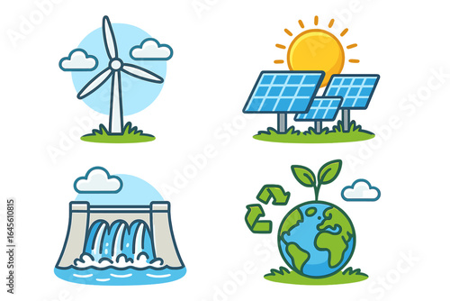Renewable energy icon set with wind turbine, solar panels, and hydroelectric dam. Green power, ecology, and sustainability concepts. Vector cartoon illustration collection.