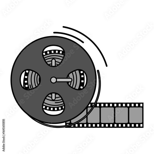 A film reel displays film strip elements representing cinema media and entertainment.