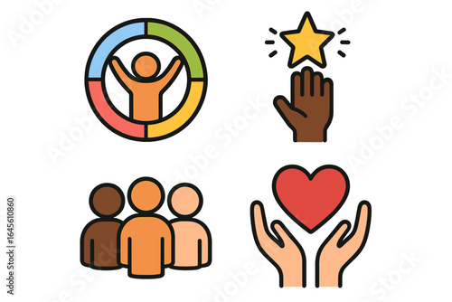 Diversity and inclusion vector icon set. Concepts of social responsibility, equality, community support, teamwork, charity, love, and reaching for success. Flat design.