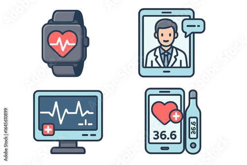 Telemedicine and digital health icon set. Online doctor consultation, medical monitoring, smartwatch, health app, ekg, thermometer vector icons. Healthcare technology concept.