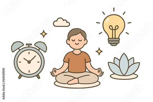 Man meditating in lotus pose for mindfulness. Concept of balance, peace, self-care, and mental wellness. Time management, new ideas, spiritual growth vector cartoon.