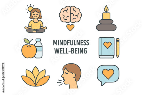 Mindfulness and well-being icon set. Self-care practices for mental health and relaxation. Yoga, meditation, healthy food and breathing exercise vector symbols.