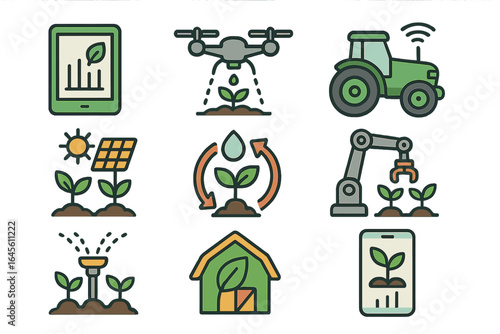 Smart farming icon set. Agricultural technology, agritech, and sustainable farming concept. Includes drone, robot, tractor, and solar power. Vector illustration collection.