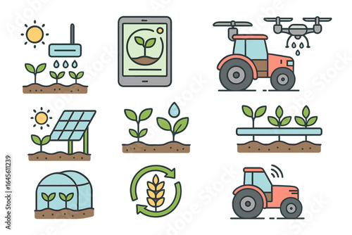 Smart farming agritech icon set. Agricultural technology, sustainable farming, modern equipment. Drone sprayer, autonomous tractor, solar energy, irrigation concepts.