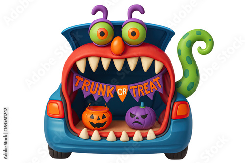Colorful Halloween decoration resembling monster with large eyes, sharp teeth, and Trunk or Treat banner inside open trunk of car, featuring pumpkins and playful elements, evoking festive
