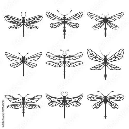 Nine stylized dragonfly silhouettes in black and white.
