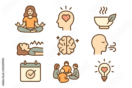 Mindfulness and wellness icon set. Vector symbols for relaxation, yoga, breathing, and group therapy. Mental health, self-care, and psychology concepts for wellbeing.