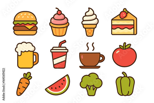Colorful food icon collection. Fast food, healthy vegetables, fruit, dessert, and drink set. Burger, soda, cake, beer, coffee, carrot. Flat cartoon vector icons.